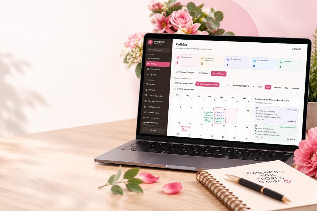 Notebook com o painel do ZuBloom aberto no calendário de pedidos, sobre uma mesa de floricultura